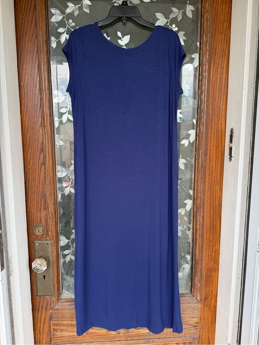 J Jill Women’s Medium Petite Maxi Dress Scoop Back Button Detail Navy Blue EUC